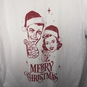 DENIM & FLOWER•Ricky Singh Sz Large White Tee w/Red Vintage-like Christmas Toast